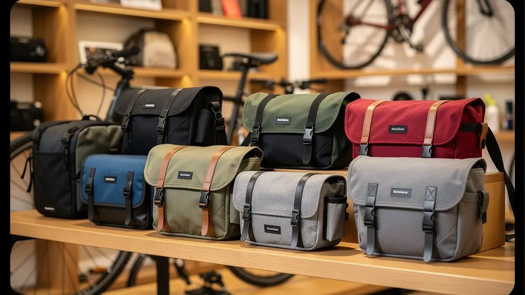Collection de sacoches vélo de différentes tailles exposées en boutique spécialisée