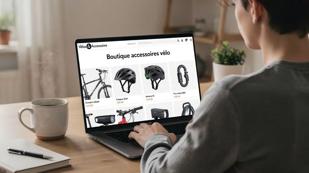 Personne consultant un site spécialisé sacoches vélo sur ordinateur portable