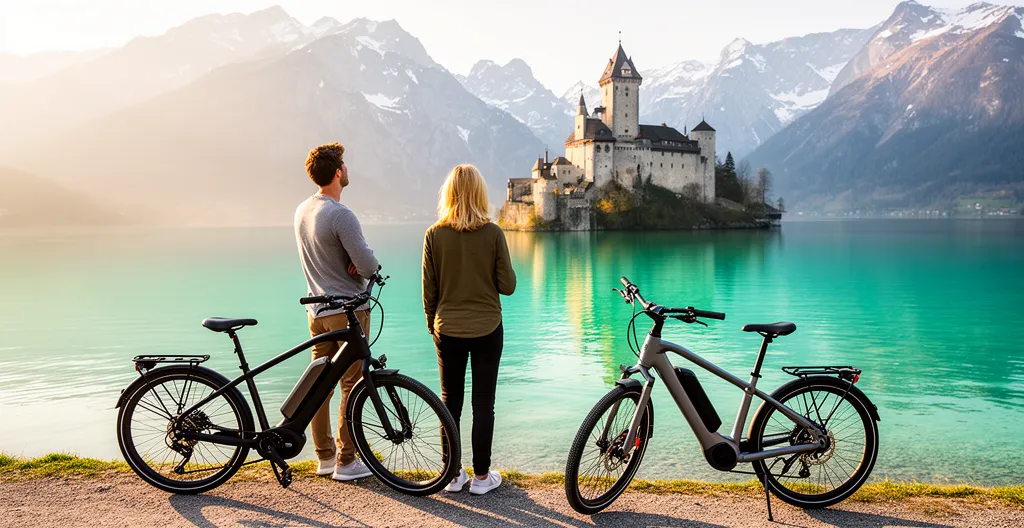 Couple de cyclistes faisant une pause face au château de Duingt sur le lac d'Annecy