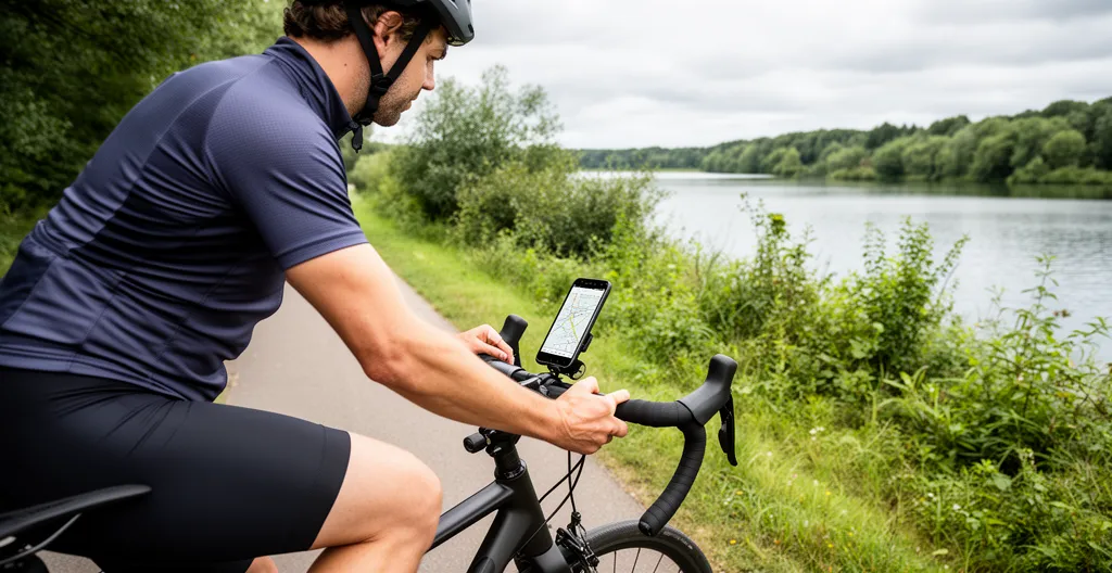 Cycliste consultant son itinéraire sur la piste cyclable du lac d'Annecy