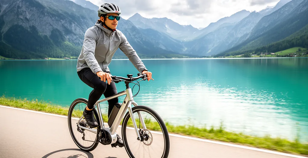 Cycliste sur la piste cyclable longeant le lac d'Annecy avec vue sur les montagnes