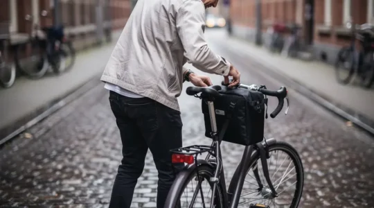 Cycliste urbain fixant une sacoche vélo sur porte-bagages arrière