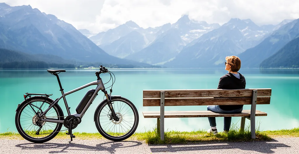 Vélo électrique en pause avec vue panoramique sur le lac d'Annecy